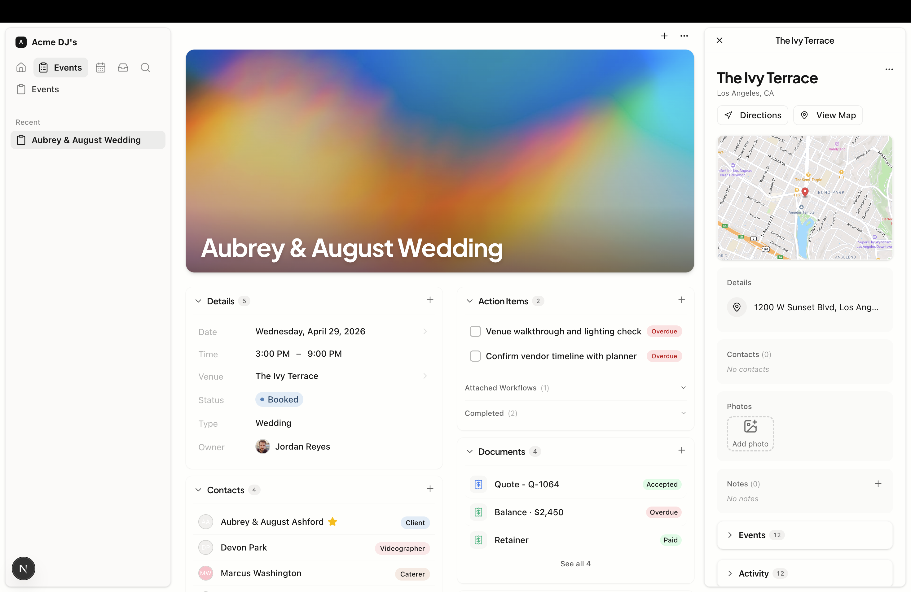 Superdesk event detail — Aubrey & August Wedding showing contacts, documents, tasks, and venue info